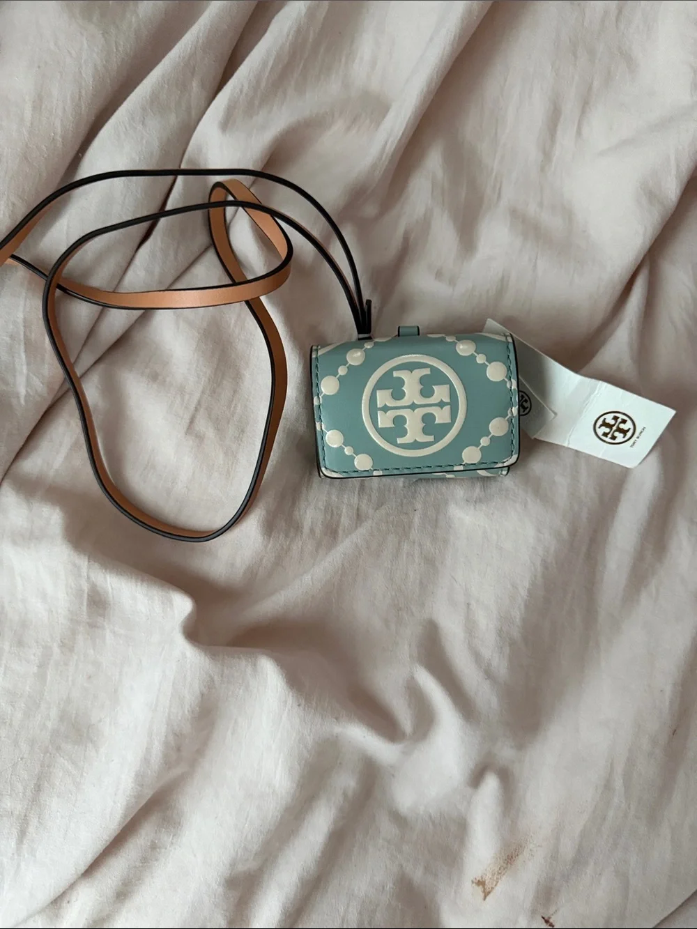 Tory Burch AirPods case Pale Blue Logo Mini Crossbody Card Case with Tan Strap